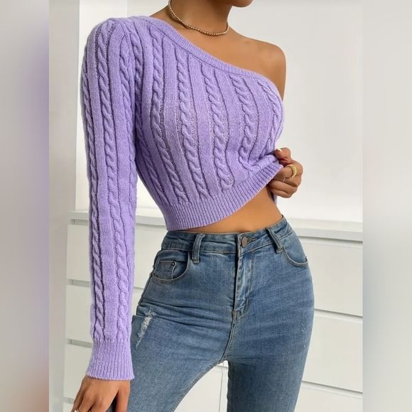 New!  One-Shoulder Cable Knit Sweater - Purple - Picture 5 of 8